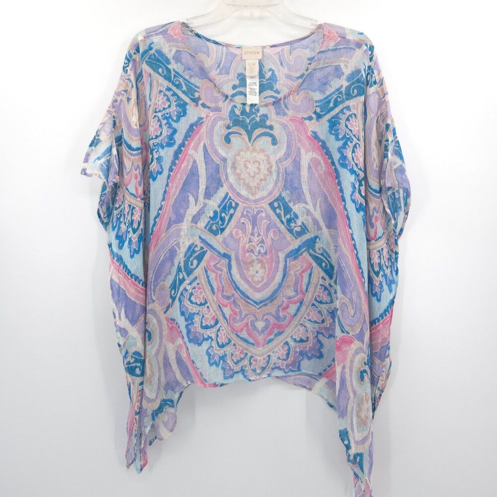 Chico's 100% linen poncho tunic top Size S/M paisley kimono beach‎ cruise